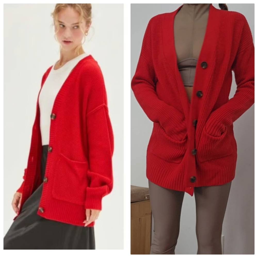 Nicholas Nautical Red Fall Oversized Wool Blend Preppy Pocket Cardigan Sweater s